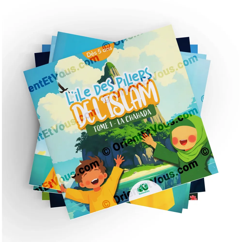 Couverture du pack L’île des Piliers de l’Islam – Pack des 5 tomes, illustrant les cinq piliers avec des personnages enfants
