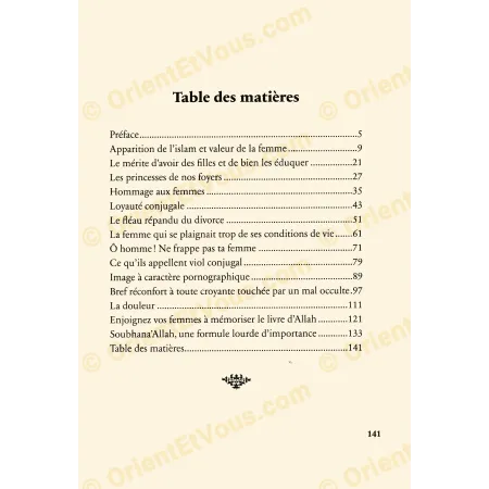 جدول المحتويات في كتاب مجموعة من الخطب في شأن المرأة في الإسلام [فرنسي] يوضح عناوين الخطب