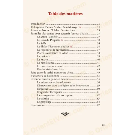 فهرس كتاب كيف تنال محبة الله ‎[كتاب بالفرنسية] يوضح الفصول حول التقوى والصلاة والذكر