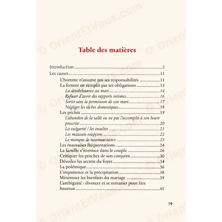 Contents page of Marital Problems – Causes and Solutions [French] showing main causes section