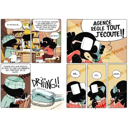 مقتطف من مانغا الوكالة تصلح كل شيء – الساحر في المستنقعات، كتاب فرنسي يُظهر الأبطال يتحدثون عن السحر