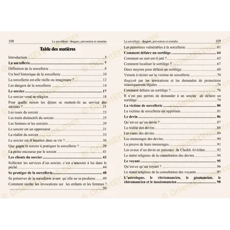 Table des matières du livre sur la sorcellerie dangers prévention remèdes, présentant les chapitres du sihr et ses traitements