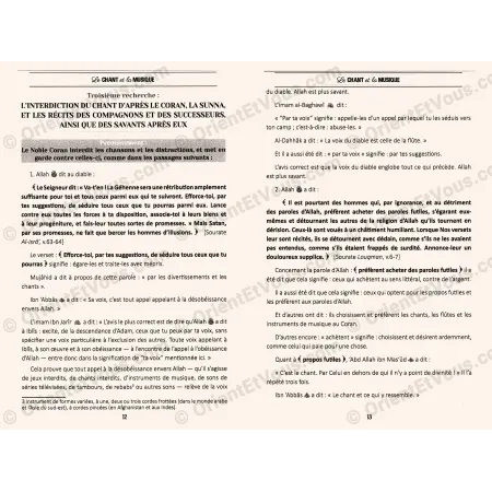 صفحات داخلية من كتاب «الغناء والمعازف في ضوء القرآن والسنة» تعرض الأدلة الشرعية – الطبعة الفرنسية