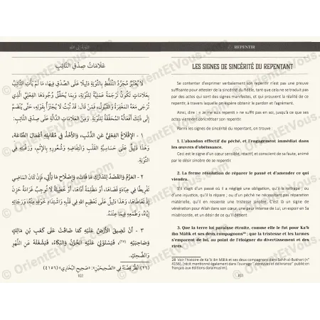 Pages internes du livre Le Repentir du Dr. Sâlih as-Sadlân, texte bilingue expliquant les signes de sincérité du repentant