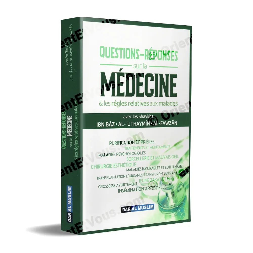 Couverture 3D du livre Questions–Réponses sur la Médecine montrant les thèmes médicaux et religieux abordés Couverture 3D du livre Questions–Réponses sur la Médecine montrant les thèmes médicaux et religieux abordés