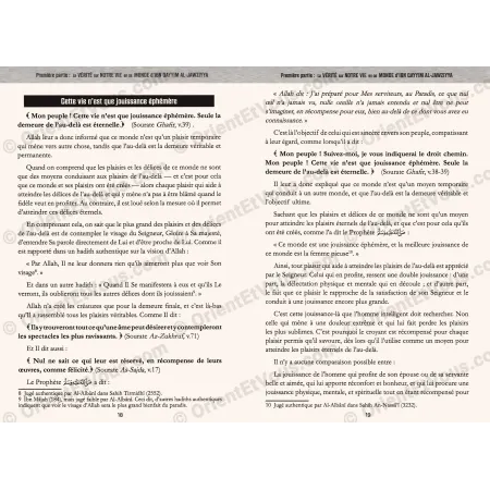 Pages intérieures du livre La Vérité sur Notre Vie en ce Monde d’Ibn al-Qayyim présentant le chapitre sur la vie éphémère