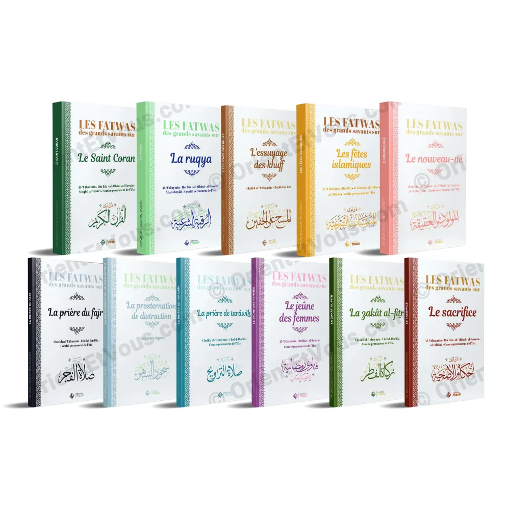 Pack fatwas grands savants – visuel des 11 livres de la collection Tabari réunis en série complète.