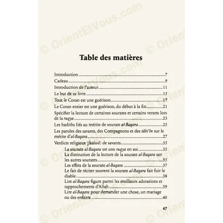 Table of contents of Ruqyah through Surah al-Baqarah, listing topics on healing and Quranic benefits