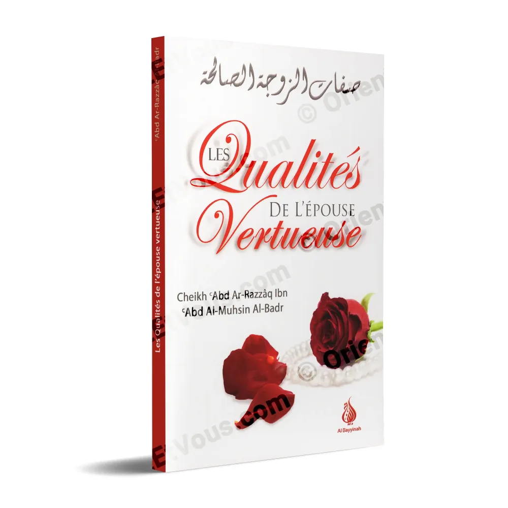 Livre “Les Qualités de l’épouse vertueuse”, vue 3D de la couverture avec rose rouge et perles