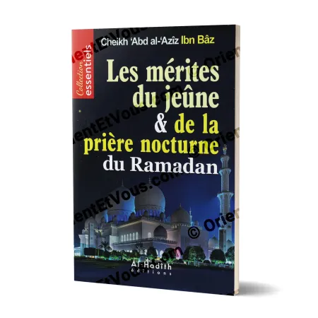 Les mérites du jeûne et de la prière nocturne du Ramadan – couverture du livre de Ibn Bâz en vue 3D