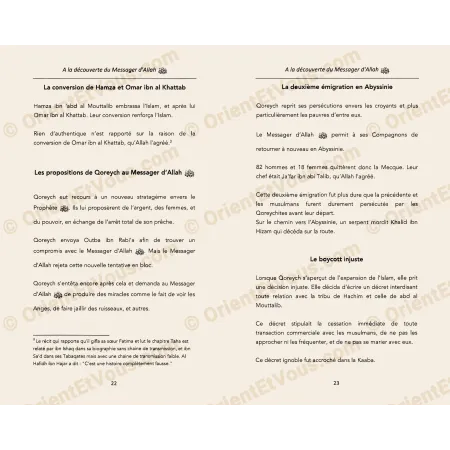 Inside pages from The Prophetic Biography in Brief Posts showing sections of the Seerah narrative.