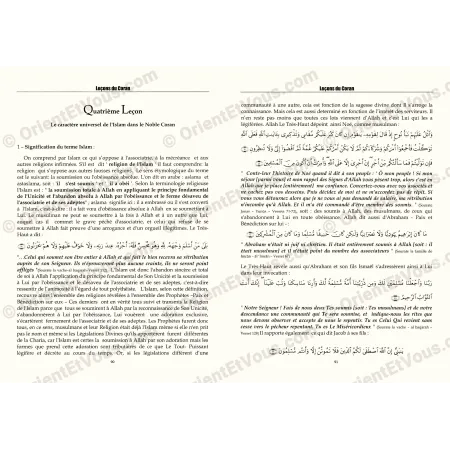Pages intérieures du livre “Leçons du Coran et de la Sunna authentique”, aperçu d’une leçon avec texte arabe et français