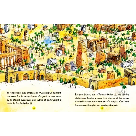 More stories from the Quran, illustrated pages of a French children’s book depicting an ancient Quranic city