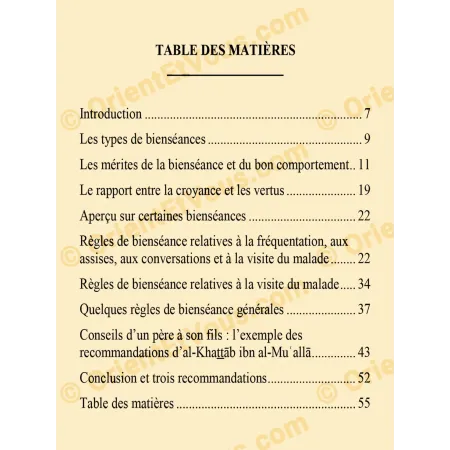 Table of contents of Le Bon Comportement Source du Bonheur listing chapters on etiquette and moral conduct