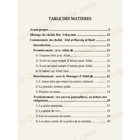 Table des matieres du livre Programme quotidien pour l’etudiant en sciences religieuses avec structure du programme