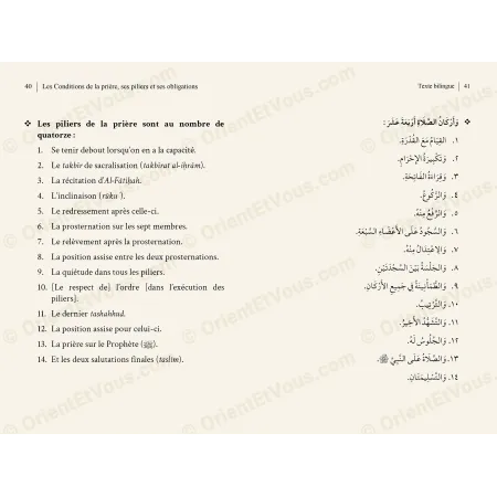 Pages intérieures présentant les piliers de la prière en texte bilingue arabe et francais