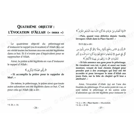 Pages intérieures du livre Les objectifs du Hajj montrant un chapitre avec textes explicatifs et versets en arabe