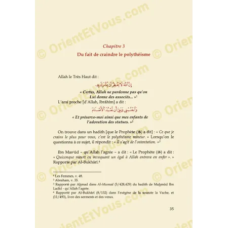 Page interieure du livre abordant la crainte du polytheisme avec versets coraniques et hadiths