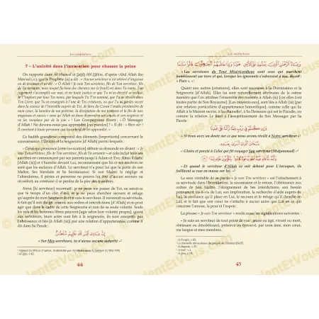 Inside pages showing a French excerpt with Quranic quotations and spiritual explanations