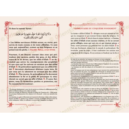 Pages intérieures du livre Les Six Fondements montrant un commentaire en français et texte arabe