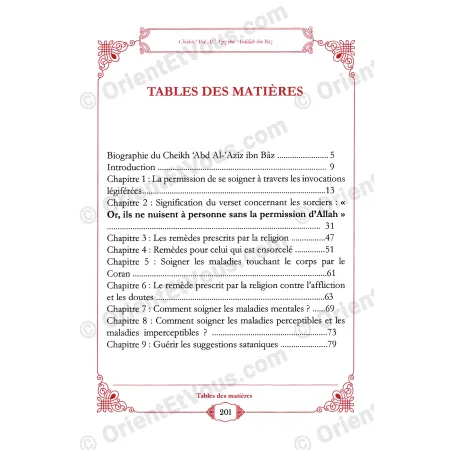 Page du sommaire du livre Rouqyah présentant les premiers chapitres et thèmes abordes