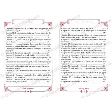 Pages du sommaire du livre Rouqyah détaillant les chapitres sur la sorcellerie et les amulettes