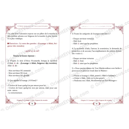 Inside pages of the French book Al Fatiha with comprehension questions and corrected exercises