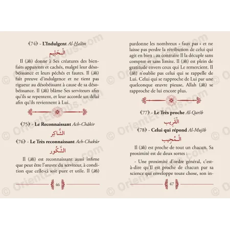 Inside pages of Explanation of the Most Beautiful Names of Allah showing explanations of divine names in French and Arabic