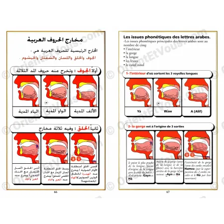 Page du livre montrant les points d articulation des lettres arabes pour apprendre le tajwid avec schemas