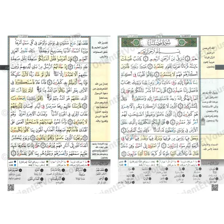 صفحات داخلية من مصحف التجويد والتحفيظ توضح أحكام التجويد بالألوان مع شروح مبسطة للآيات