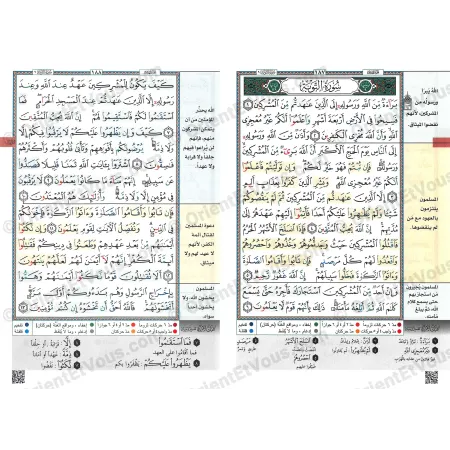 نموذج صفحات من مصحف التجويد والتحفيظ مع إشارات بصرية تساعد على الحفظ وفهم الآيات