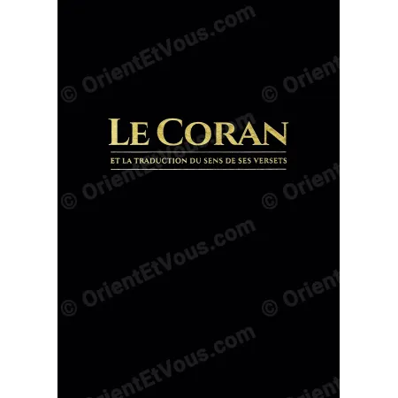تفصيل غلاف كتاب القرآن وترجمة معاني آياته إصدار التوبة، كتاب بالفرنسية بعنوان ذهبي على غلاف أسود
