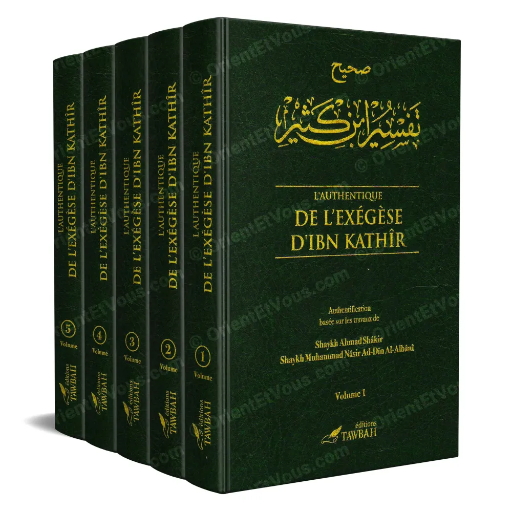 Couverture coffret L Authentique de l exegese d Ibn Kathir 5 volumes edition Tawbah reliure verte