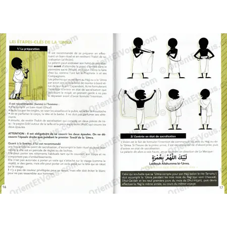 Illustrated pages explaining preparation and ihram clothing for Umrah with step by step diagrams