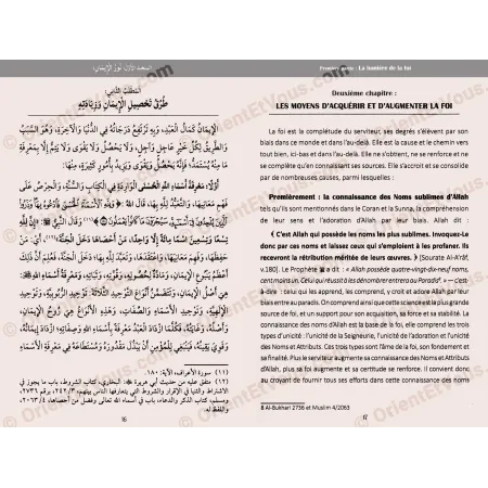 Extrait des pages intérieures du livre montrant les moyens d'acquérir et d'augmenter la foi en français et en arabe