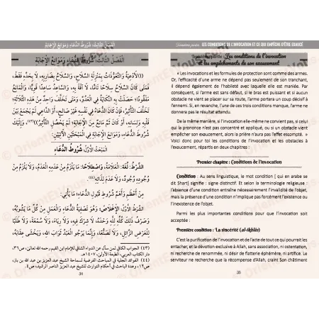 Inside page of the book showing the chapter on the conditions of supplication, French and Arabic